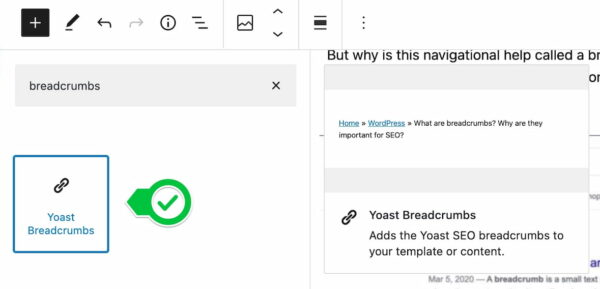 location of the Yoast breadcrumbs block in the WordPress block library