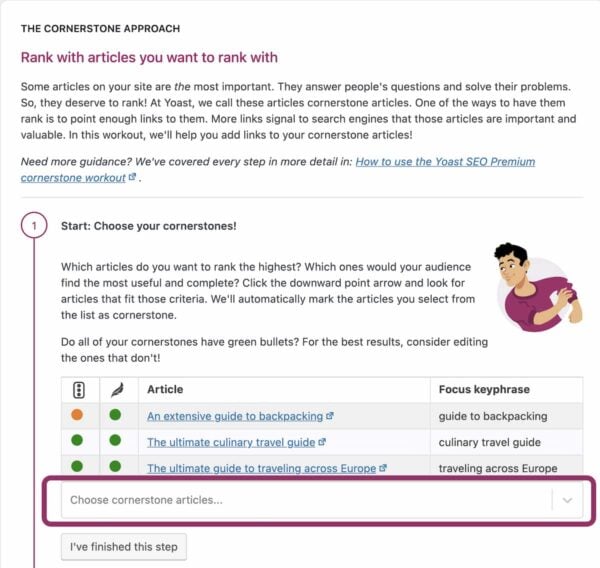 choose cornerstone articles in first step Yoast SEO workout