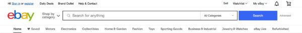 ebay's top menu with a colorful logo, links to various sections on the site and a big search bar