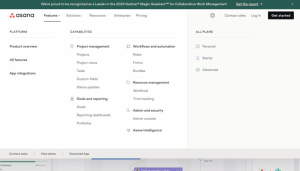 An image of the mega menu on asana.com