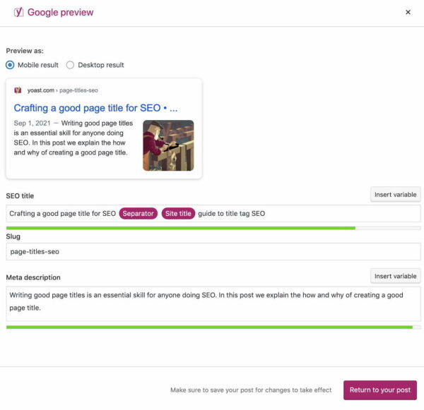 Google preview in Yoast SEO