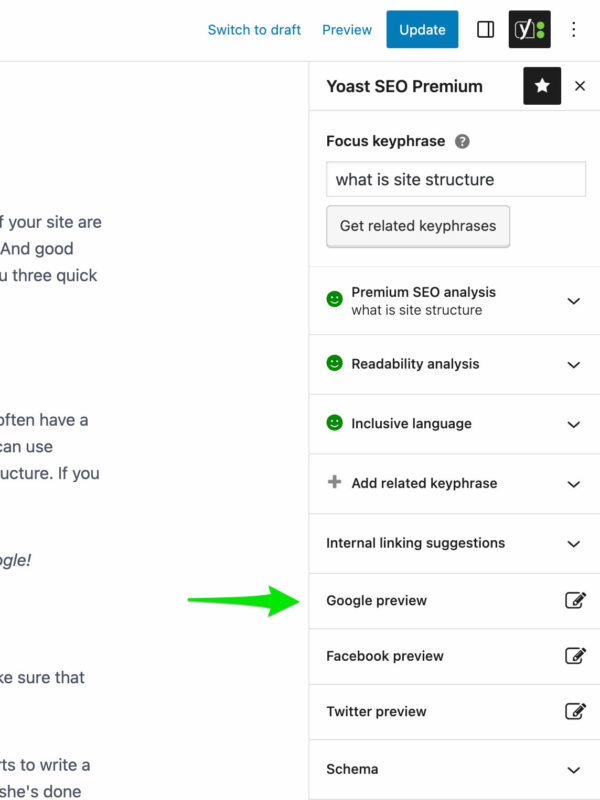 screenshot of Google preview tab in Yoast SEO sidebar