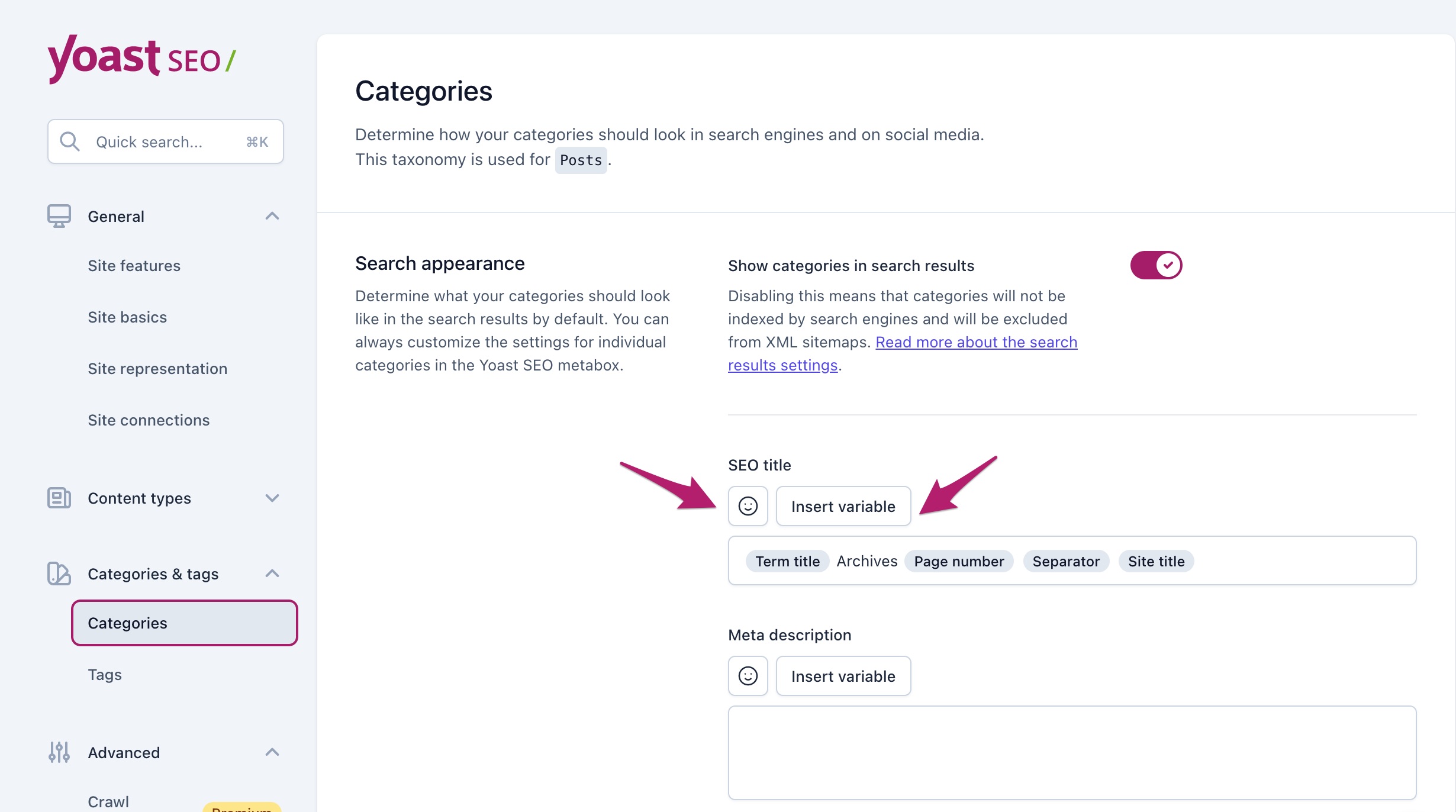 Screenshot showing the search appearance settings for categories. Arrows pointing to the buttons to insert variables and emojis