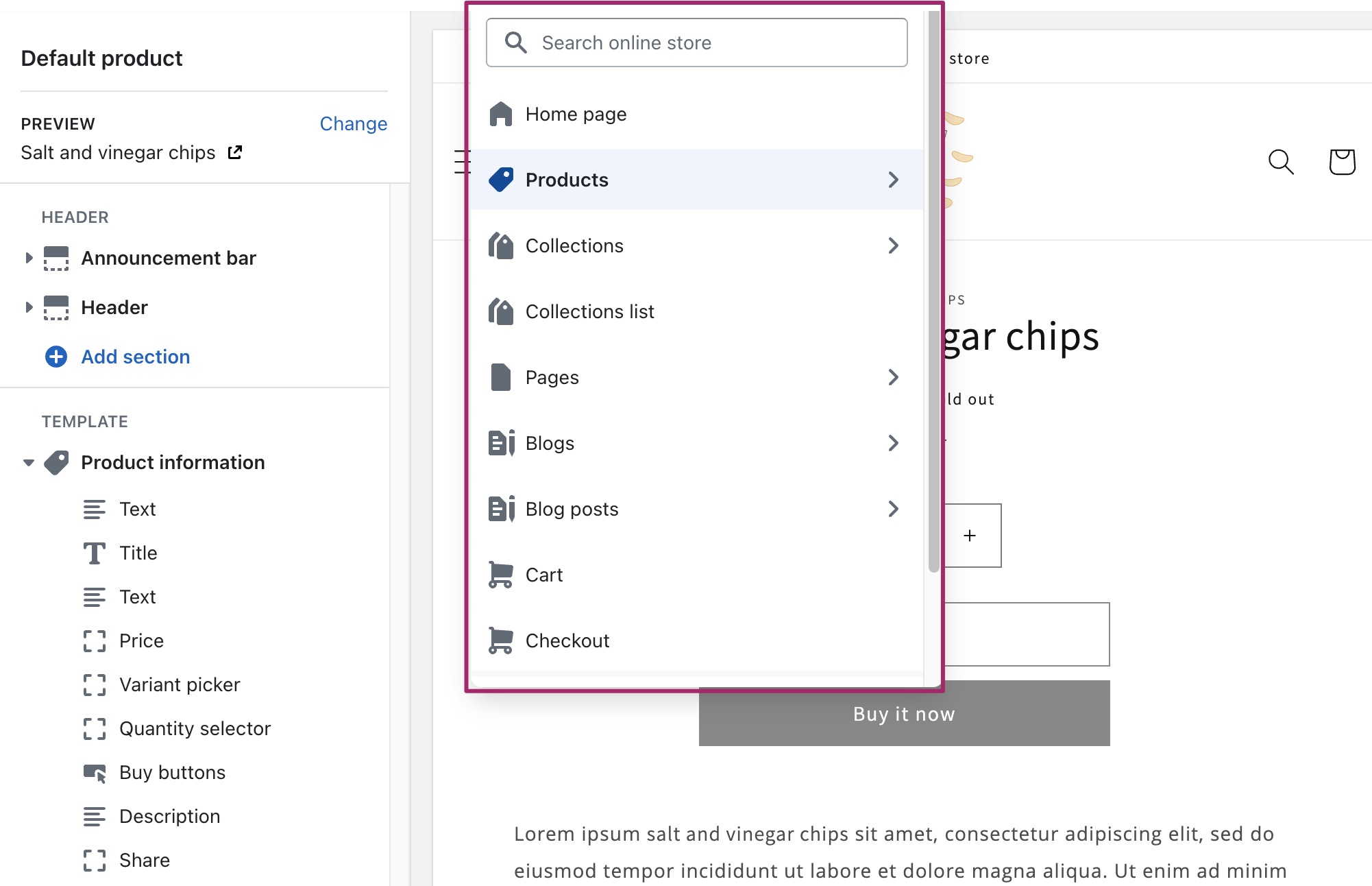 screenshot of the Shopify dashboard showing how to select a template in the theme editor