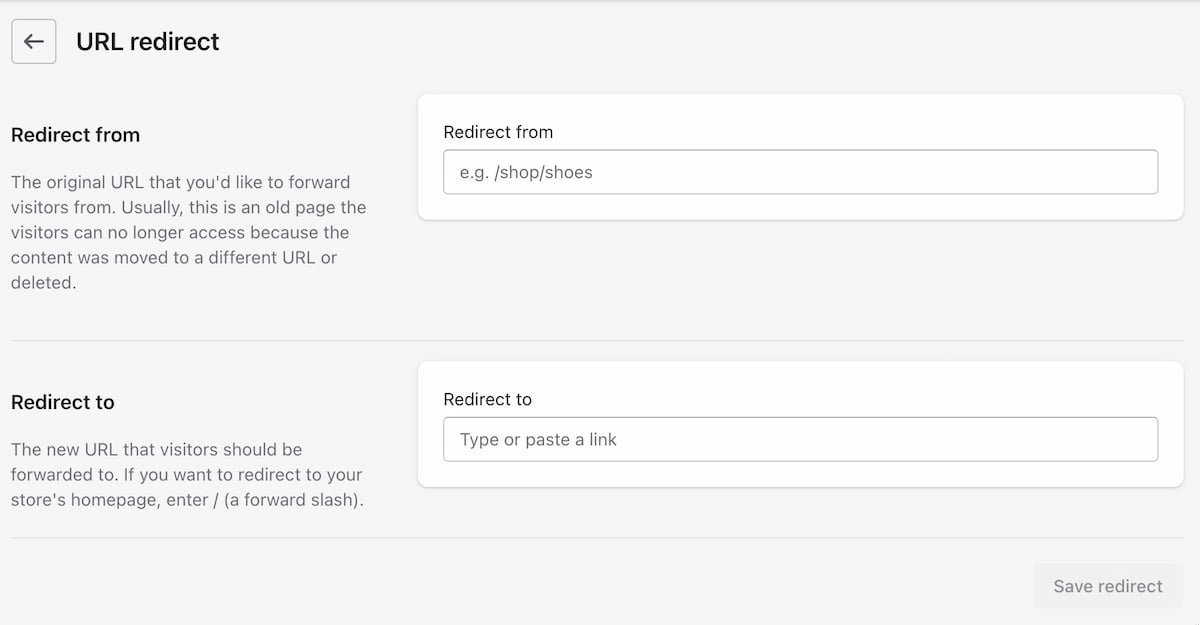 Shopify has a simple redirect manager in the backend