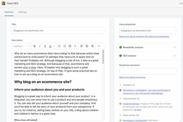 Shopify SEO tools: the Yoast SEO analyses in Shopify