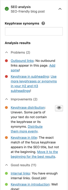 analysis results Yoast SEO sidebar showing bullets