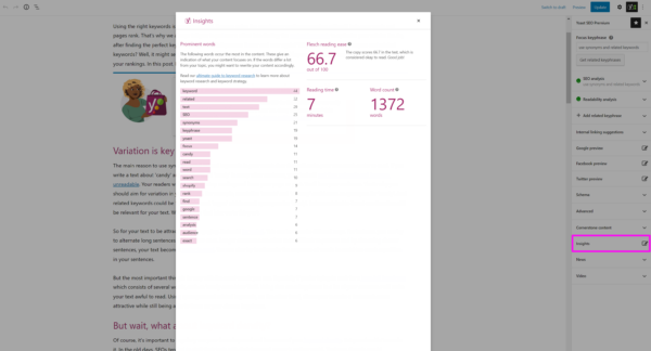 The Flesch reading ease score as shown in the Insights tab