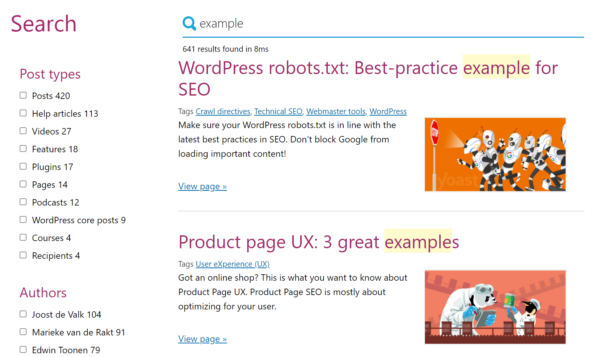 Internal search results for 'example' on yoast.com