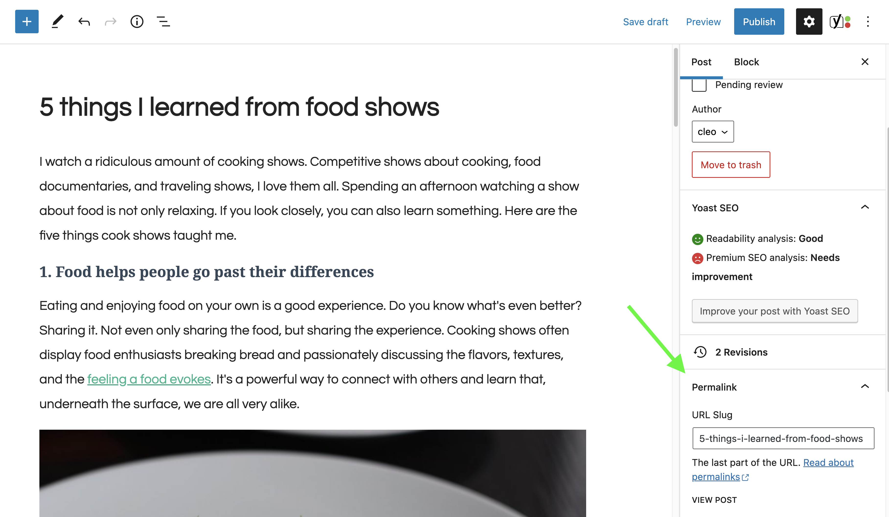 The WordPress post editor, highlighting the 'Permalink' controls section